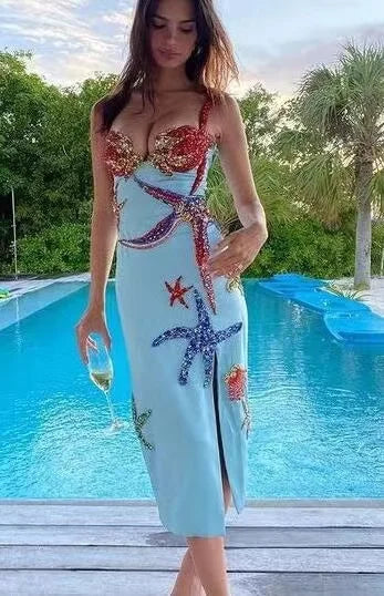 Vestido de festa de celebridade com lantejoulas azuis, estrela, slim, sexy, alças finas, babados, boate, designer