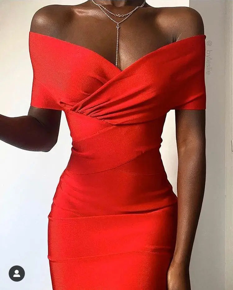 Summer Women Bodycon Sexy Off The Shoulder Rayon Bandage Dress Club Dress Midi Celebrity Party Dress