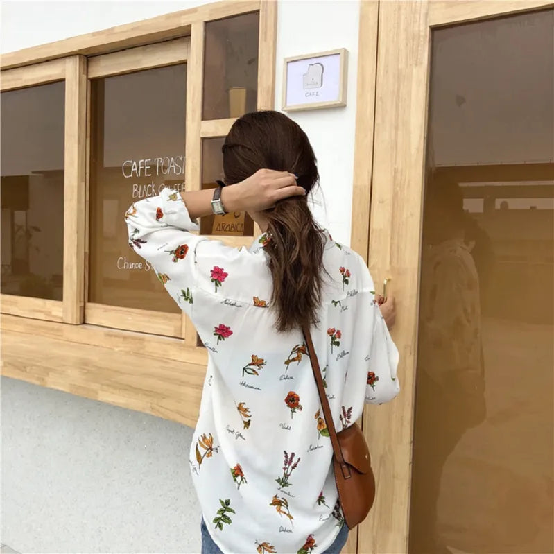 Vintage Floral Print Loose Casual Off White Blouse Women Long Sleeve Female Top Office Ladies Chiffon Blouses Shirts