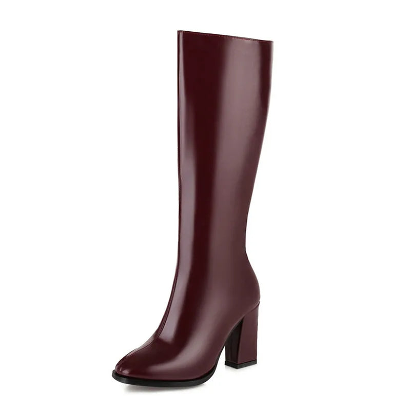 Elegant Knee High Boots Women Autumn Winter Women's High Boots Zipper Heels White Green Long Shoes Ladies Large Size 48 wine red