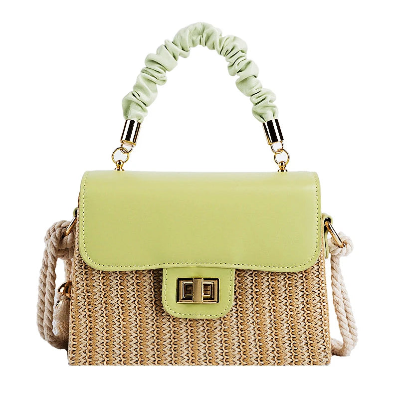 Straw Beach Bag for Women 2024 Summer Pleated Handle Luxury Designer Bag Contrast Color Crossbody Purse and Handbag Lady Bolsos green