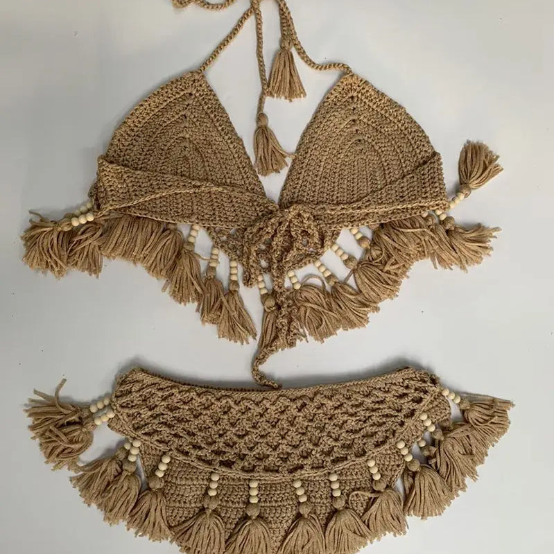 Sexy Crochet Bikinis Set Women Handmade Beading Tassel Knitting Bathing Suit Swimsuit 2021 New Micro Swimwear Summer Beachwear 11 Cotton