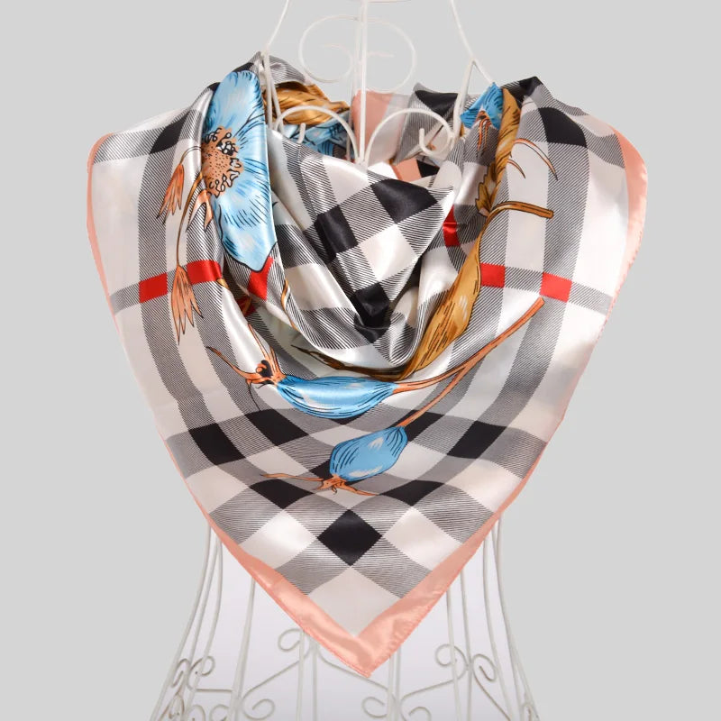 Ladies Green Coffee Square Scarves Printed Women Elegant Satin Large Silk Scarf Shawl 90*90cm Winter Neck Head Scarf beige grey plaid