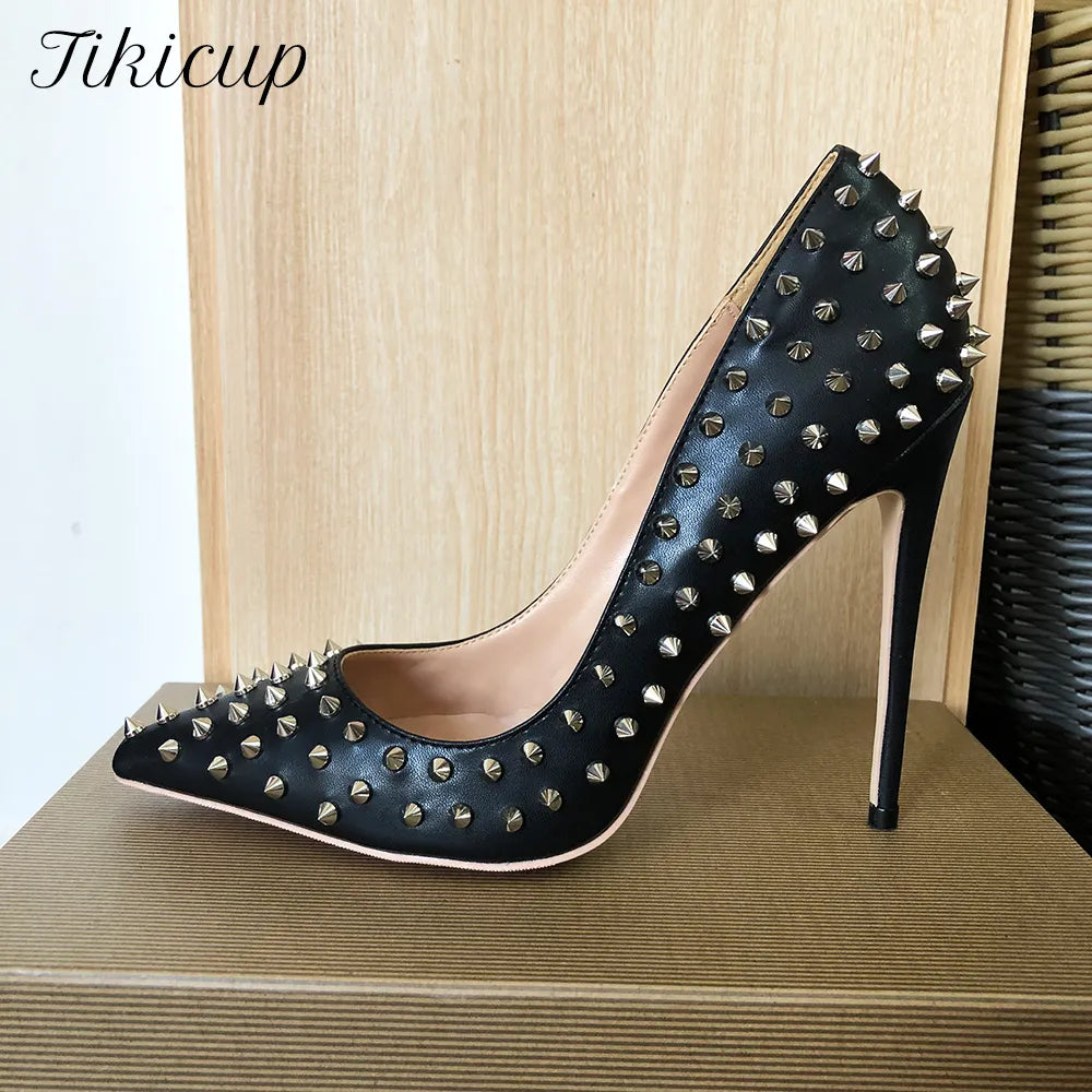 Tikicup Silver Spikes 여자 검은 무광택 섹시 스틸레토 하이힐 숙녀 와일드 파티 클럽 하이힐 신발 8cm 10cm 12cm 사용자 정의