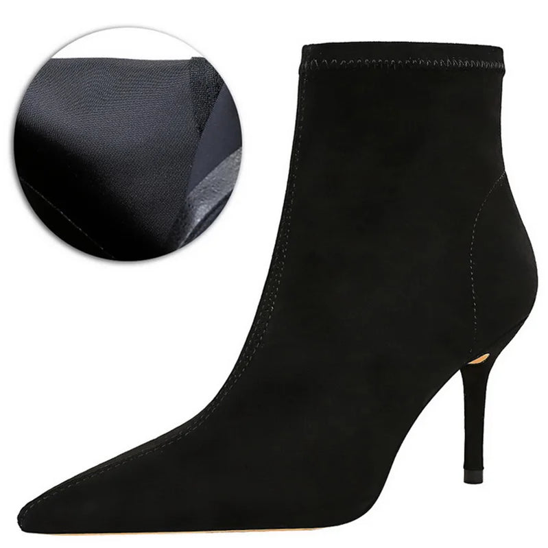 Shoes Suede Women Boots Fashion Women Ankle Boots Pointed Toe High-heel Boots Sexy Black Short Boots Winter Shoes Warm black
