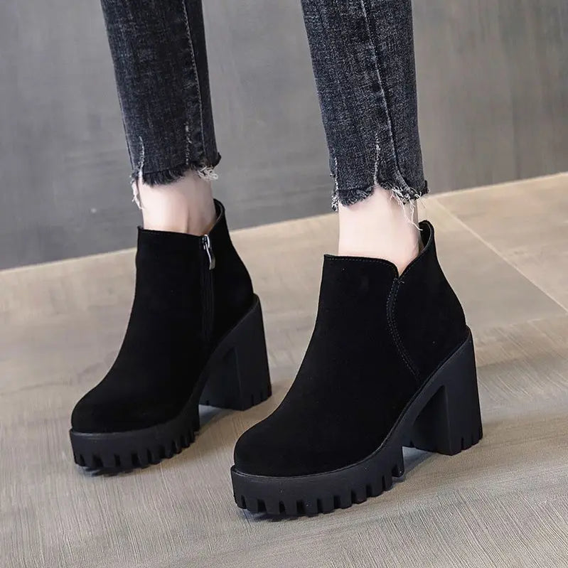 Footwear Punk Style Booties Black Female Ankle Boots Very High Heels Combat Short Shoes for Women Heeled Suede Winter  Sale