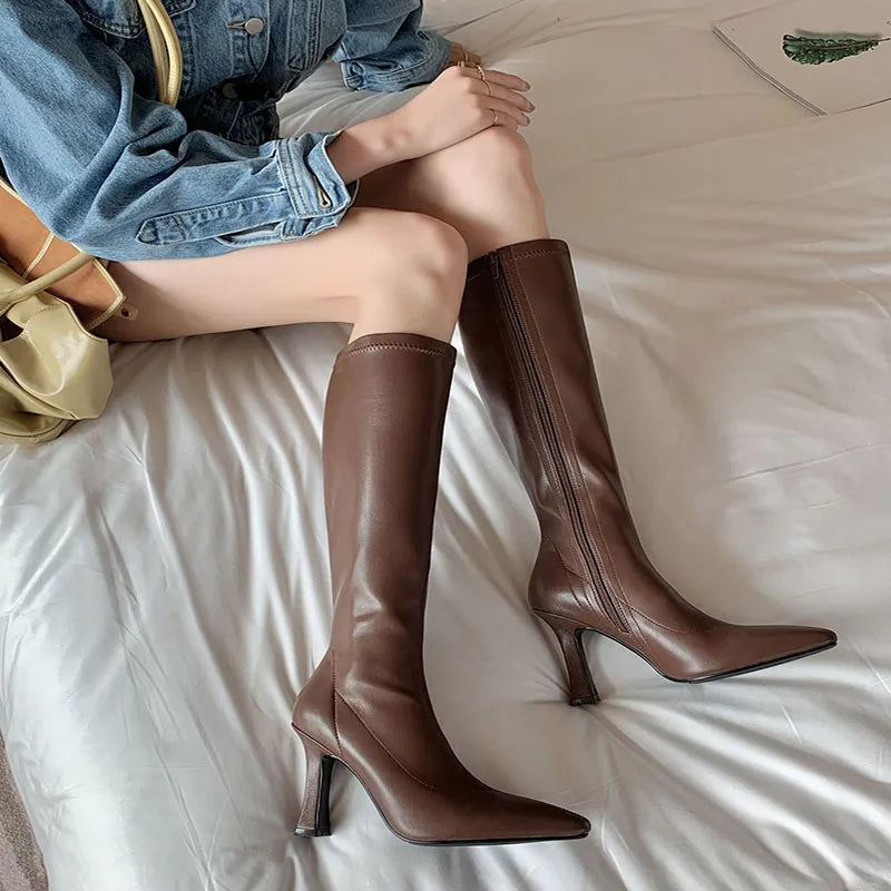Winter Women Long Boots Fashion Thin High Heel Knee High Booties Ladies Black Brown Sexy Woman Knight Boats botas de mujer Brown