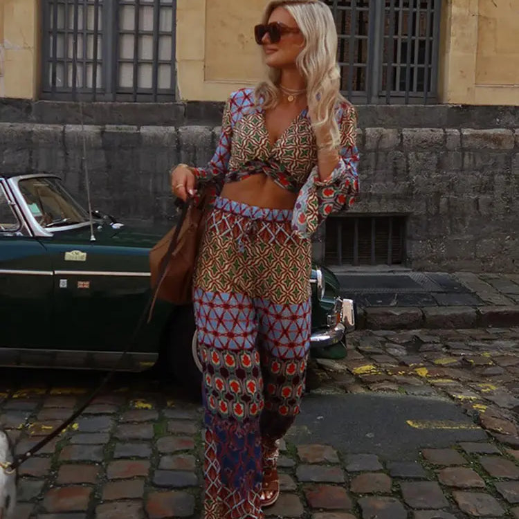 Vintage Sexy Casual Print Straight Trousers Set For Women Chic V Neck Flare Sleeve Twisted Tops Suit Female High Street Outfits