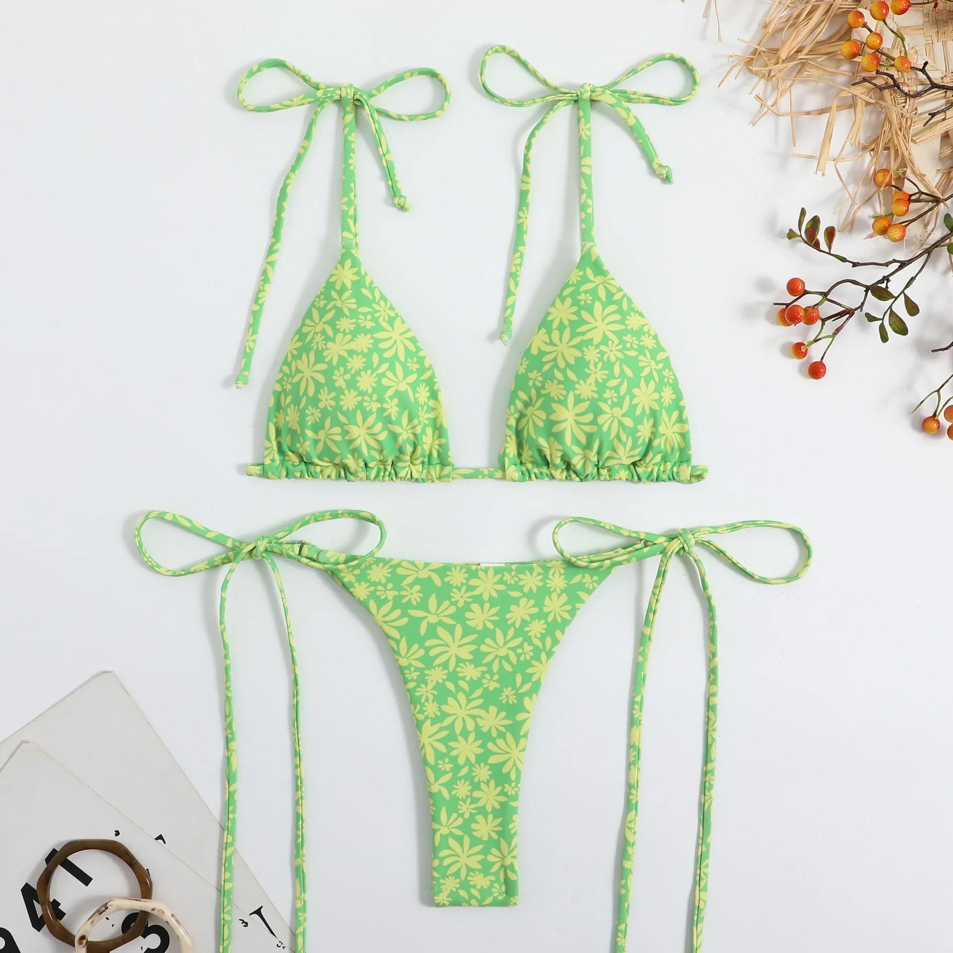 Sexy Flower Print Bikini 3 Women Swimsuit Female Swimwear Thong Bikinis Set Brazilian Halter Beach Wear Bathing Suit Green
