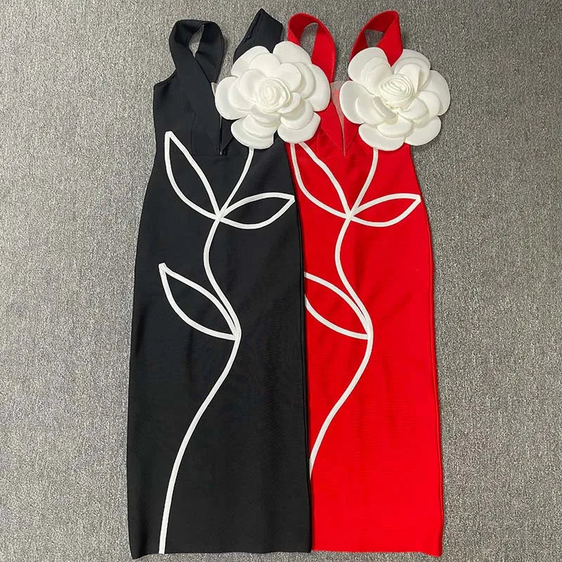 Black Red Color Women Sexy Strapless Big Flowers Bodycon Bandage Long Dress Celebrate Birthday Vacation Cocktail Dress Wholesale