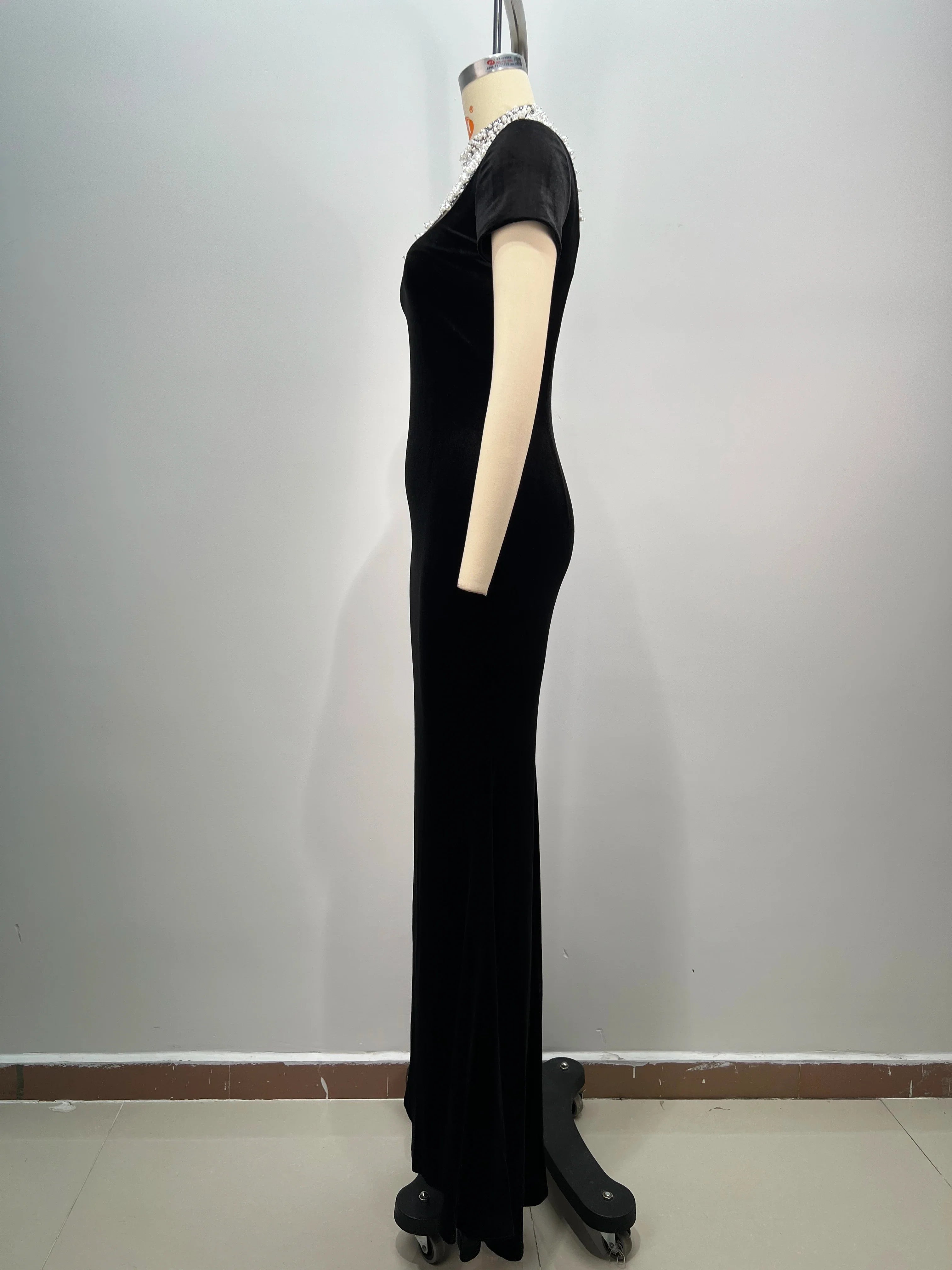 Women Short Sleeve Pearl Beading Velvet Bodycon Long Dress Elegant Evening Party Celebrate Cocktail  Dress