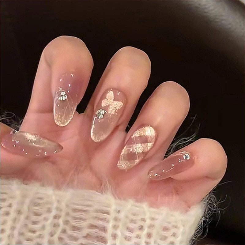 24Pcs Spring Wearing False Nails Short Almond Oval Nails with Red Love Rhinestone Designs Popular Nail Stickers for Spicy Girls