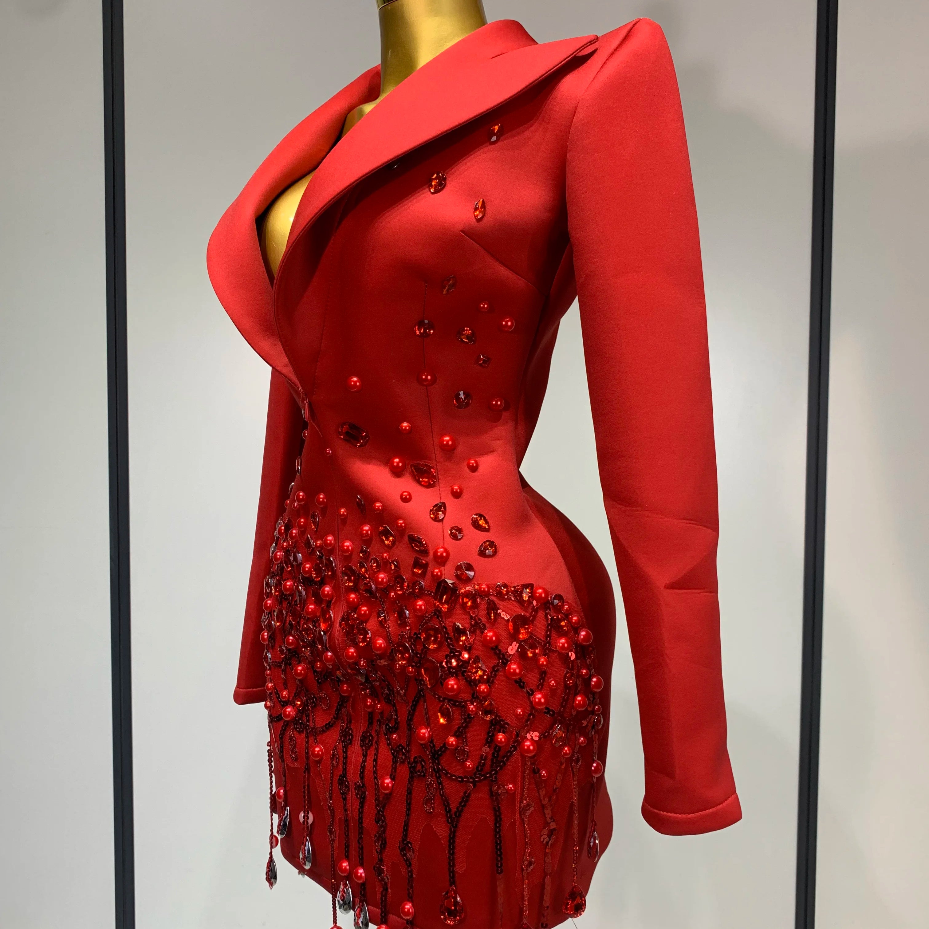 Luxury Rhinestone High Quality Deep V-Neck Slim Fit Red Suit Dress 2025 New Fashion Celebirty Elegant Evening Club Party Dresses