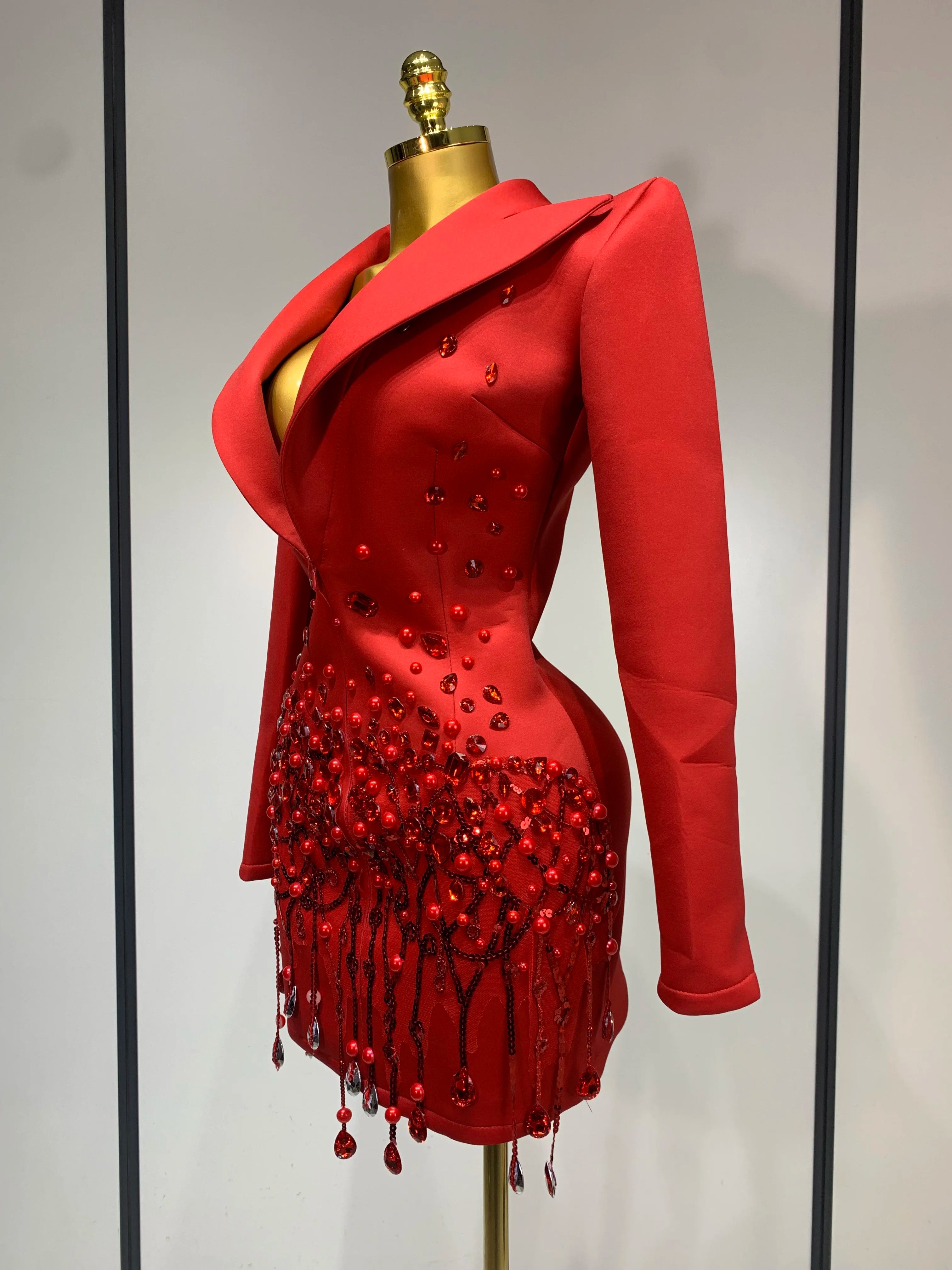Luxury Rhinestone High Quality Deep V-Neck Slim Fit Red Suit Dress 2025 New Fashion Celebirty Elegant Evening Club Party Dresses