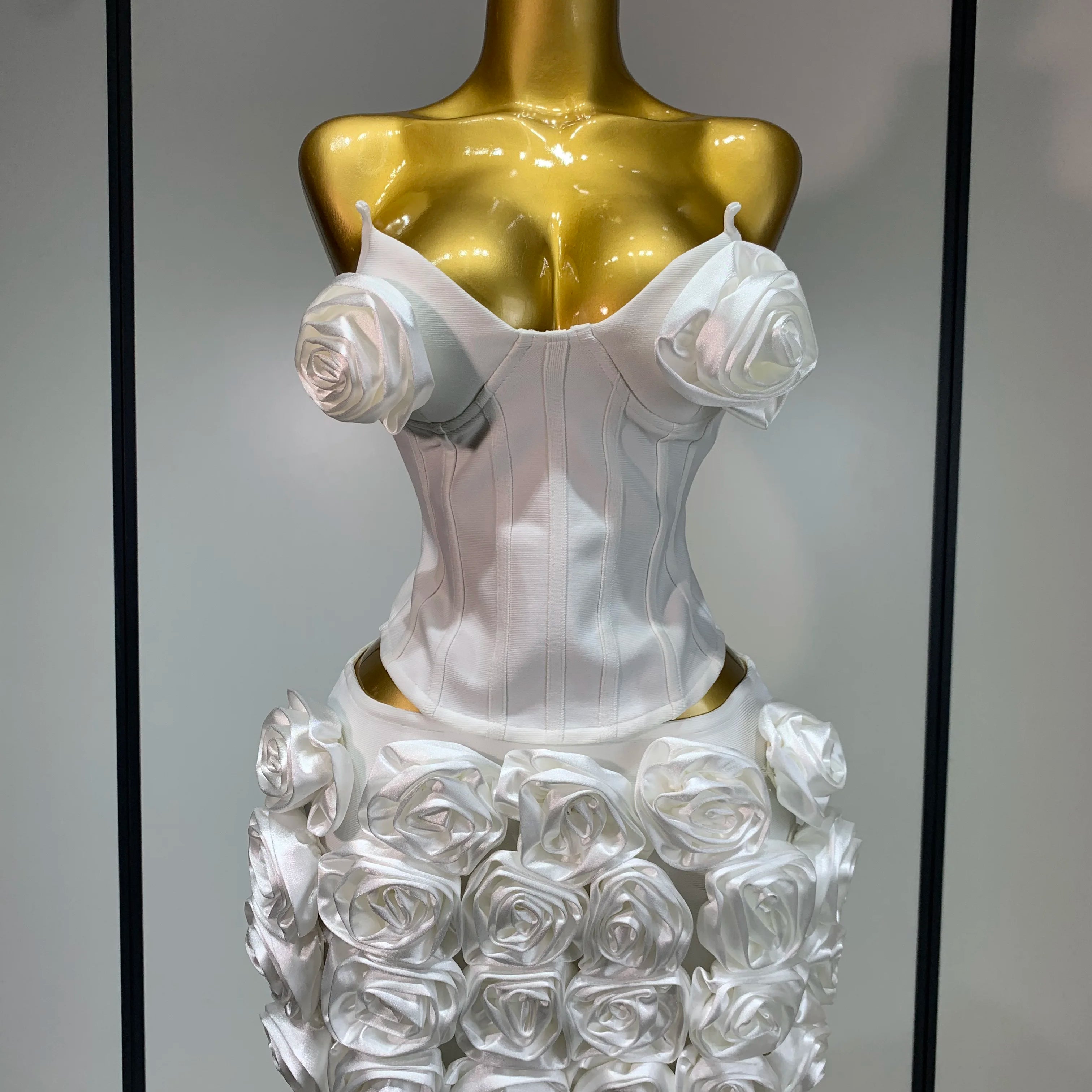 Women Sexy Backless Sleeveless 3D Flower Strapless Two Piece Set 2025 Celebirty Elegant Evening Club Party Luxury Birthday Gown