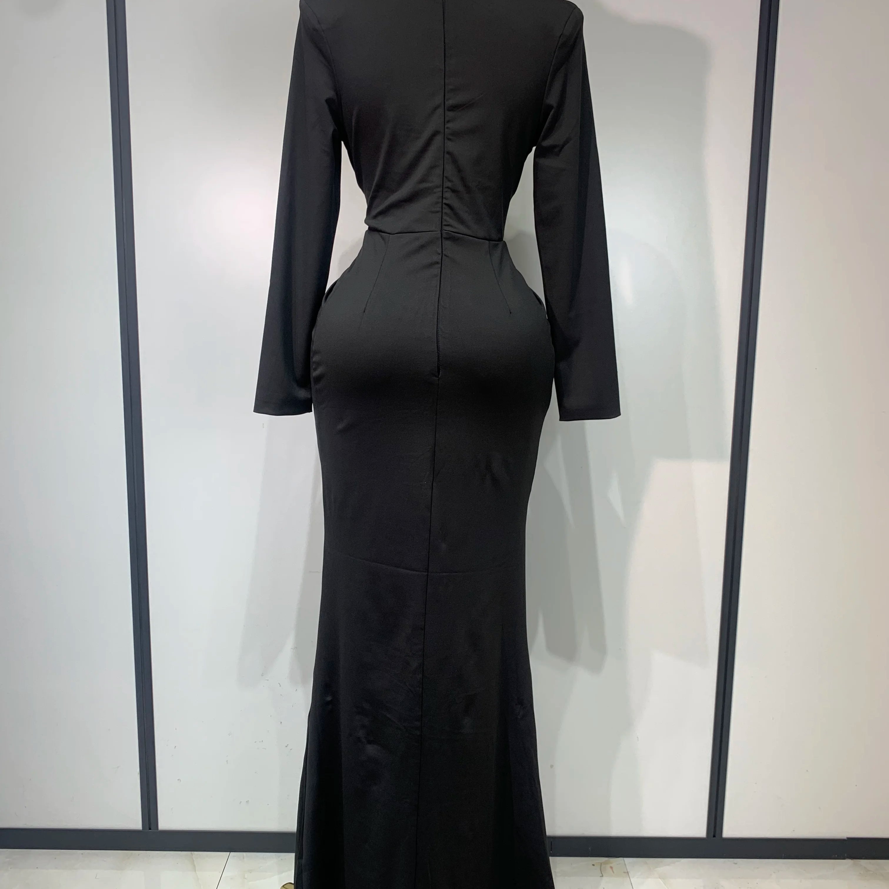 Vestido longo justo com diamante preto, feminino, sexy, decote em V profundo, mangas compridas, para festa de passarela, 2025, elegante, vestido de festa à noite