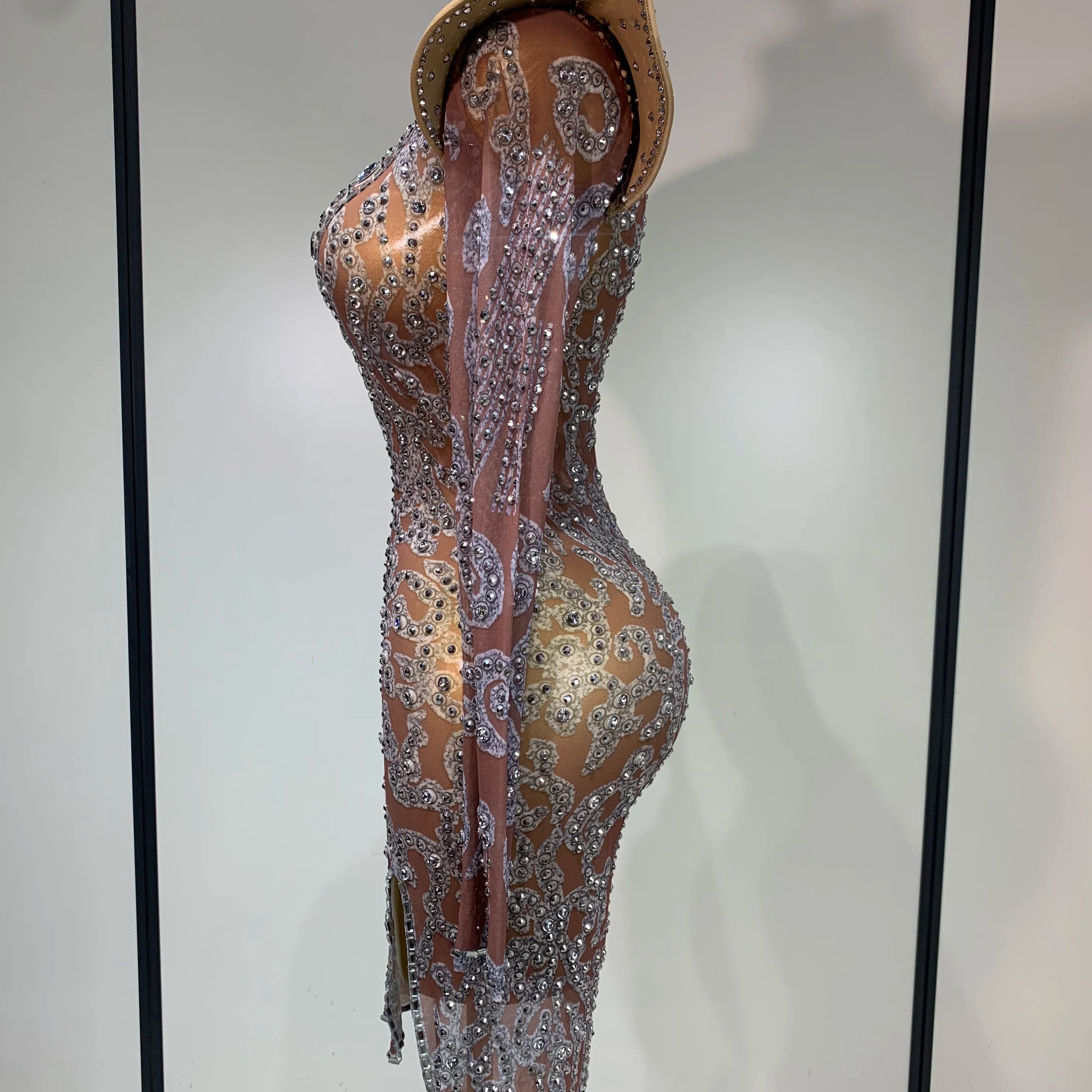 Women Shiny Rhinestones Mesh Transparent Mini Dress Luxury Birthday Celebrate Photoshoot Dress Singer Stage Drag Queen Costume