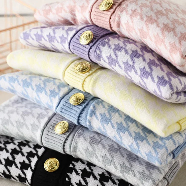 Houndstooth Cardigans Long Sleeve Sweater Women Autumn Winter Clothes Open Stitch Female Outwear Streetwear Knitted Cardigan