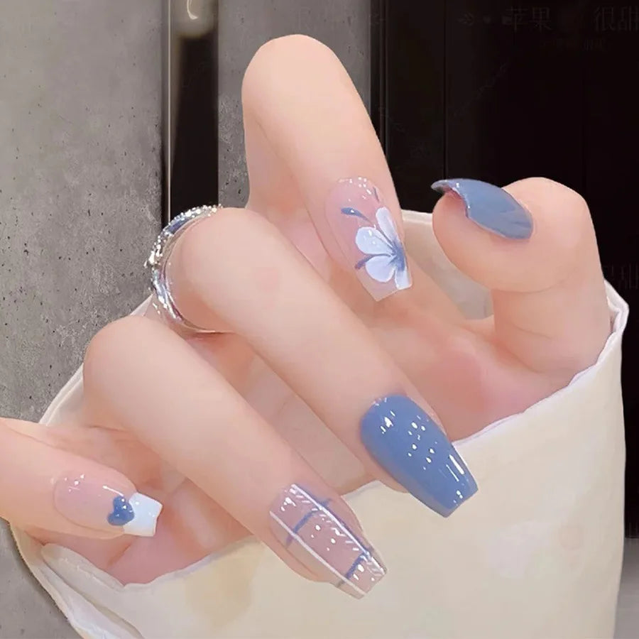 24pcs/set Medium long fake nails Gradient blue ocean fish sun flowers butterfly square ballet summer tips press on false nail
