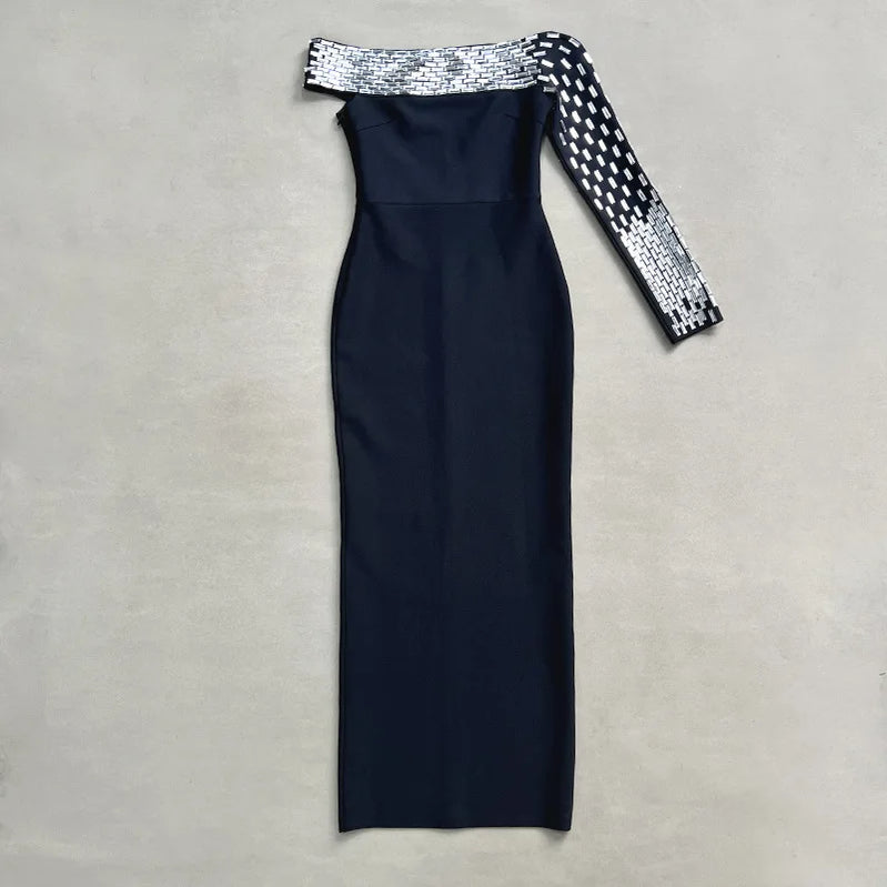 Top Quality Women Sexy One Shoulder Sparkly Crystal Bodycon Long Bandage Dress Evening Party Red Carpet Fashion Outfit Vestido