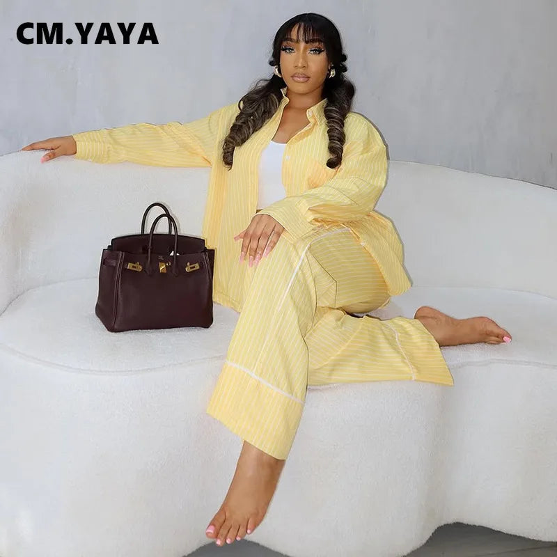 CM.YAYA Fashion Striped Women's Set Long Sleeve Blouse Shirt Top and Wide Leg Pants 2025 Chic Two 2 Piece Sets Outfits Tracksuit