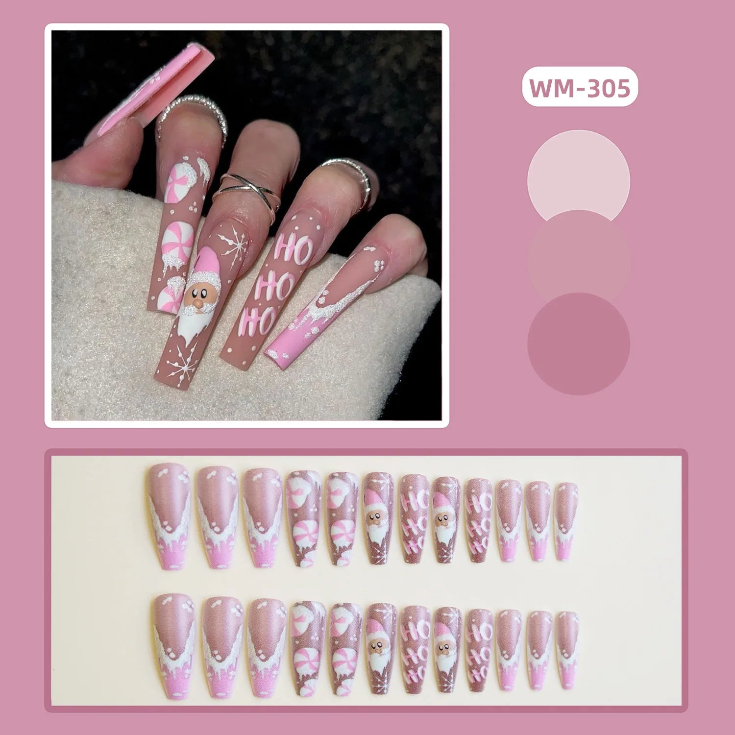 24pcs Pink Santa Claus False Nails Merry Christmas Snowflake Press on Nails Wearable European Long French Ballet Fake Nail Tips