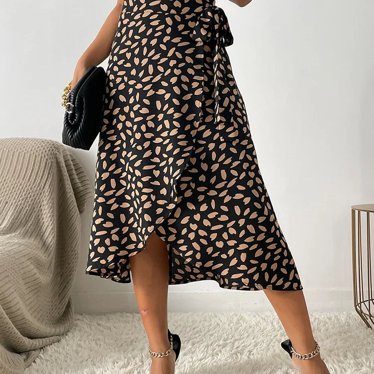 Benuynffy Boho Women Casual Print Tie Side Wrap Skirt Elegant High Waist Female Summer Asymmetrical Knee Length A-Line Skirts