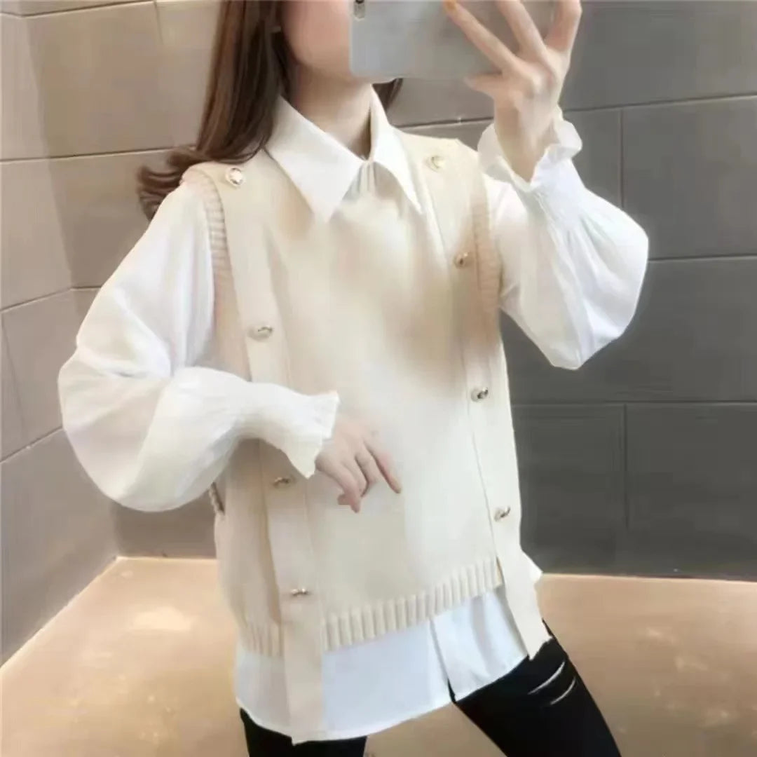 Fashion Knitted Vest for Women Sleeveless Sweater Vest Retro Knit Tank-Top Korean Female Autumn and Winter Knit Pullover Beige