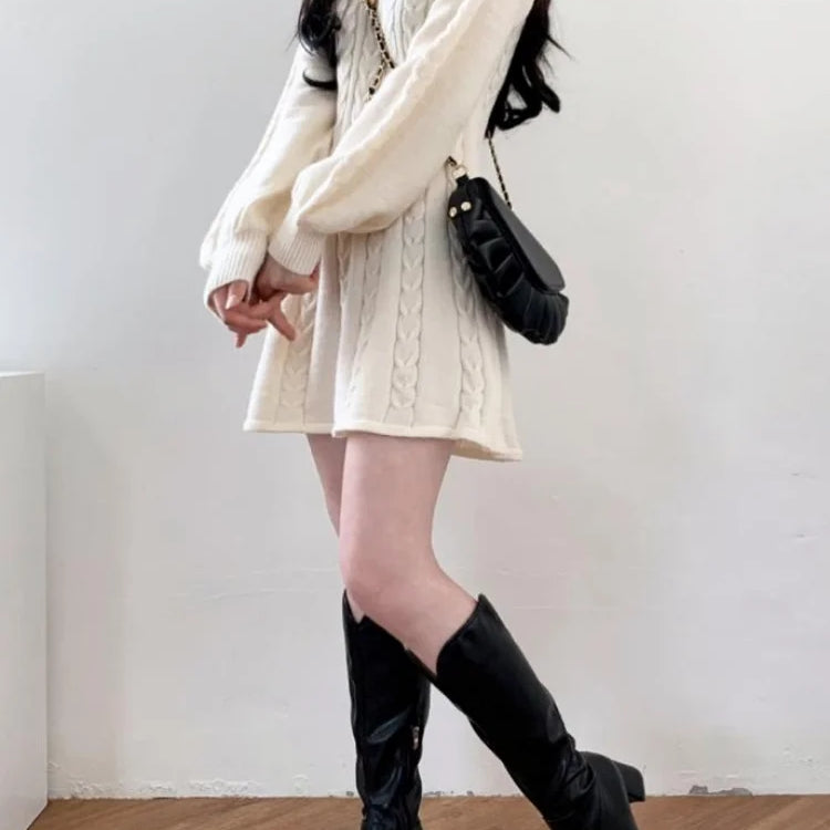 Knit Knitted Sweater Mini Dress Women Casual Lantern Sleeve Short Dresses Autumn Winter V-neck Outfits Female