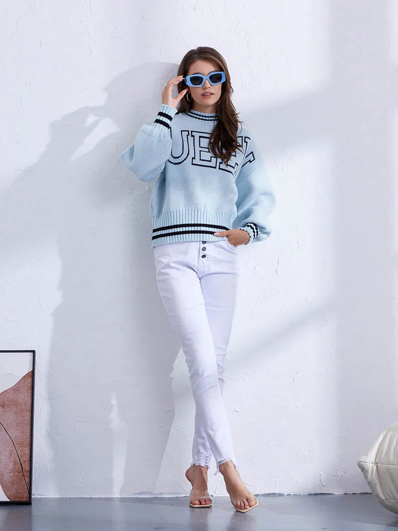 Oversized Knitted Sweater Women Vintage Knitwear Jumper Ribbed Striped Sweater Winter Warm Queen Graphic Sweaters For Women 2023