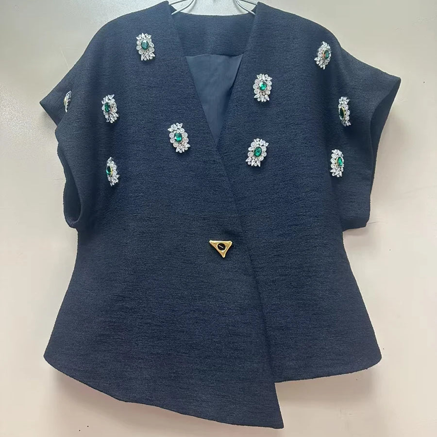 TWOTWINSTYLE Solid Spliced Bead Luxurious Jackets for Women V Neck Short Sleeves Patchwork Button Elegant Jacket Femlae Fashion