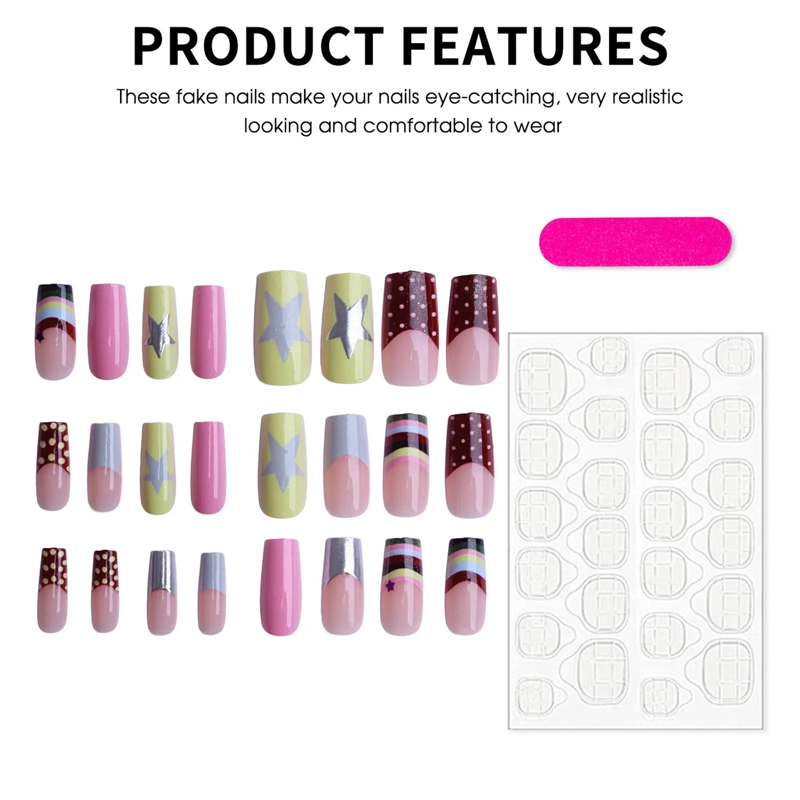 Colorful French Fake Nails 24Pcs Y2K Girls Charm Manicure Medium-length Square Press On Nails Star/Dot Printed Artificial Nails