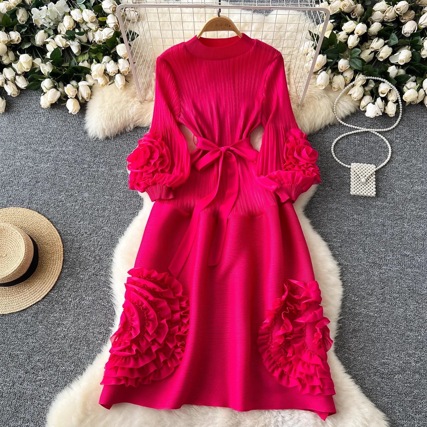 New Miyake High End Tied Up Oversize Pleated Long Robes Turtleneck Bubble Petal Sleeves High Waist Formal Dresses Women Clothing