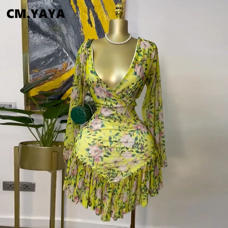 CM.YAYA Women Floral Printed Long Sleeve V-neck Ruffles Mini Dress 2025 Beach Evening Sexy Beach Party Birthday Street Dresses