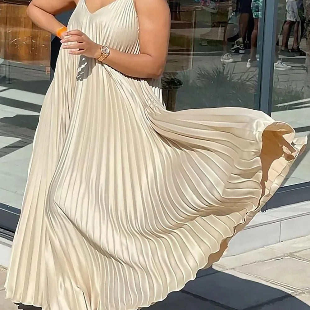 Plus Size Summer New Solid Color Loose V-Neck Suspender Pleated Large Skirt Hem Fashionable And Elegant Vacation Long Dress