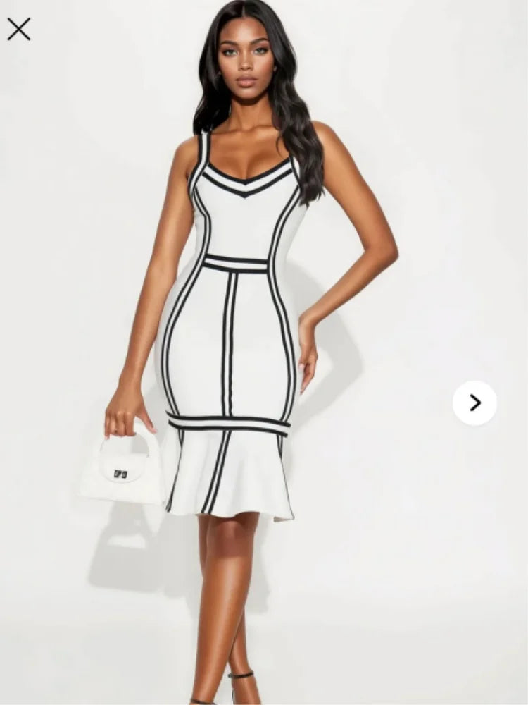 New Arrival Women Sleeveless Sexy Square Collar Patchwork Bodycon Bandage Midi Dress Nightclub Party Celebrate Birthday Outfit