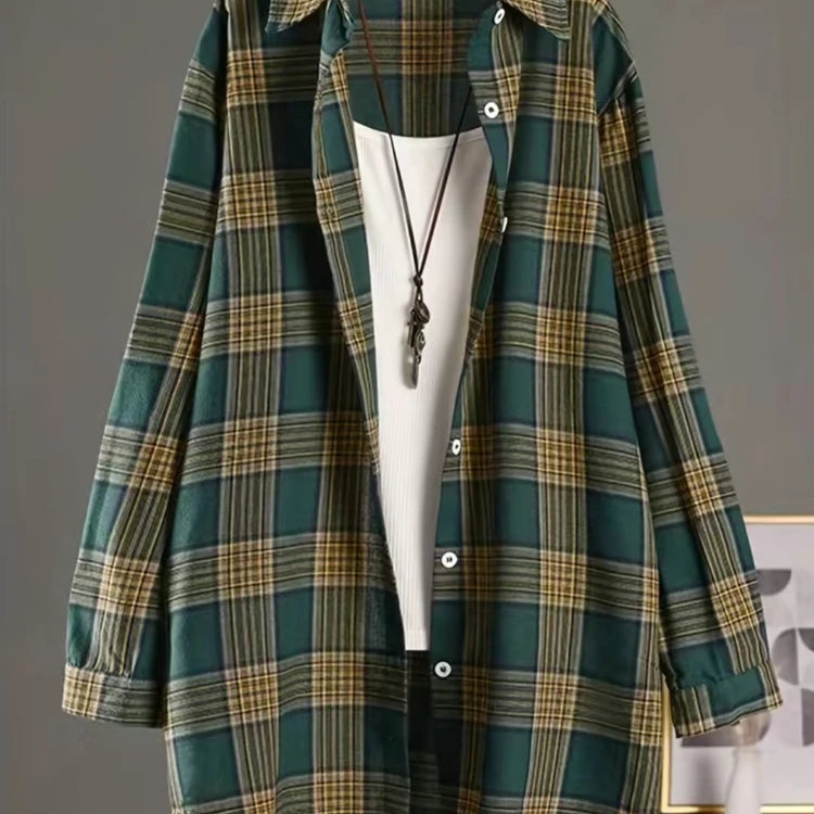 Plaid Medium Long Blouses Casual Style Loose Shirts Female Summer Beach Sunscreen Blouses Fashion Korean Style Female Blouses Green