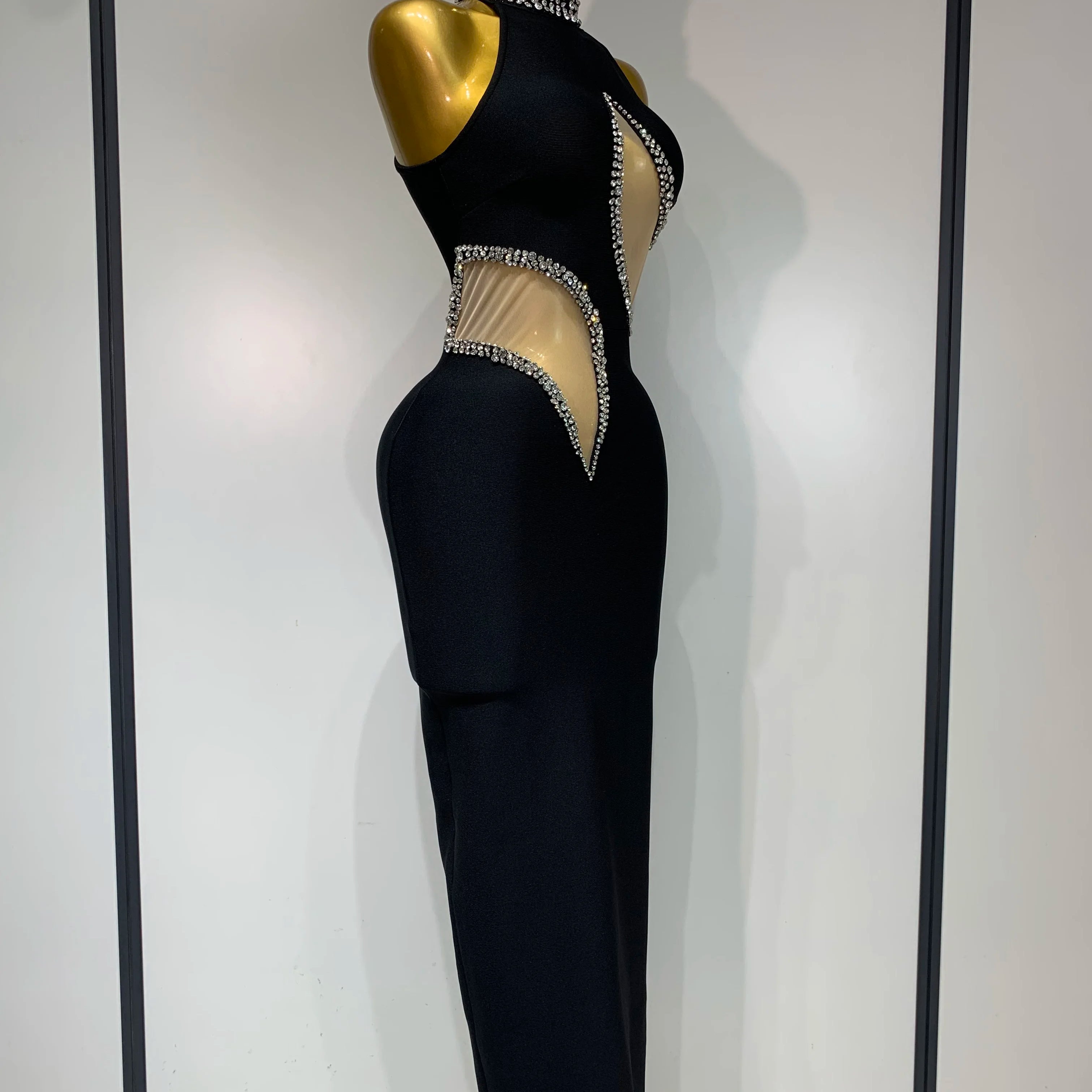 Women Sexy Rhinestone Black Sleeveless Mesh Patchwork New Arrival Stretch Bodycon Bandage Party Dresses Elegant Birthday Dress