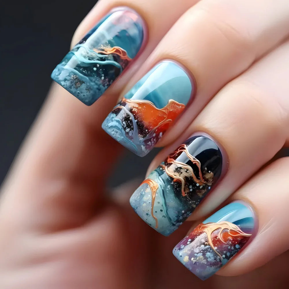 24pcs Golden Stripe Press on Nails Shiny Powder Love Design Long Square False Nails Wearable Full Cover Nail Tips Blue Fake Nail