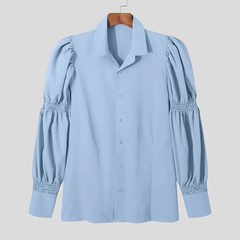 INCERUN Tops American Style New Men Solid Puff Sleeve Shape Blouse Fashion Party Shows Male Loose Long-sleeved Shirts S-5XL Blue