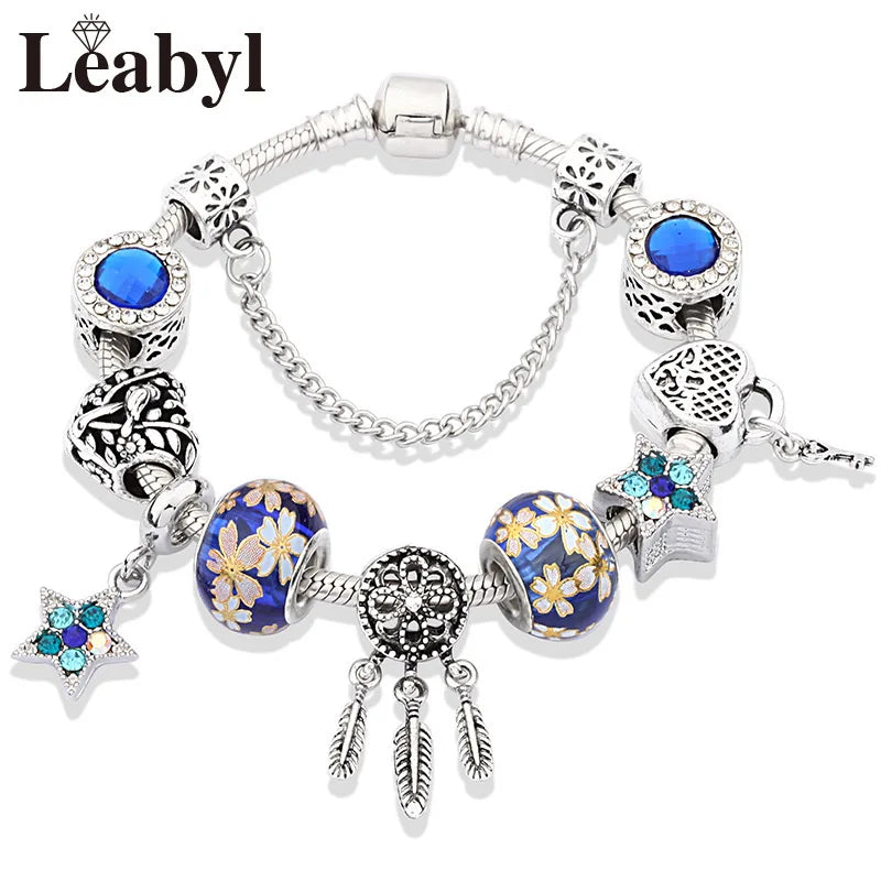 Silver Color Tree of Life Fashion Bead Bracelets Green Leaf Floral Crystal Charm Bracelet & Bangle Pulsera Jewelry 945