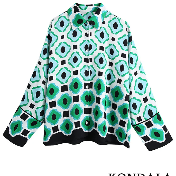 KONDALA Geometric Print Vintage Women Suits Autumn Fashion Oversized Long Shirts and High Waist Wide Leg Pants Women Set Top