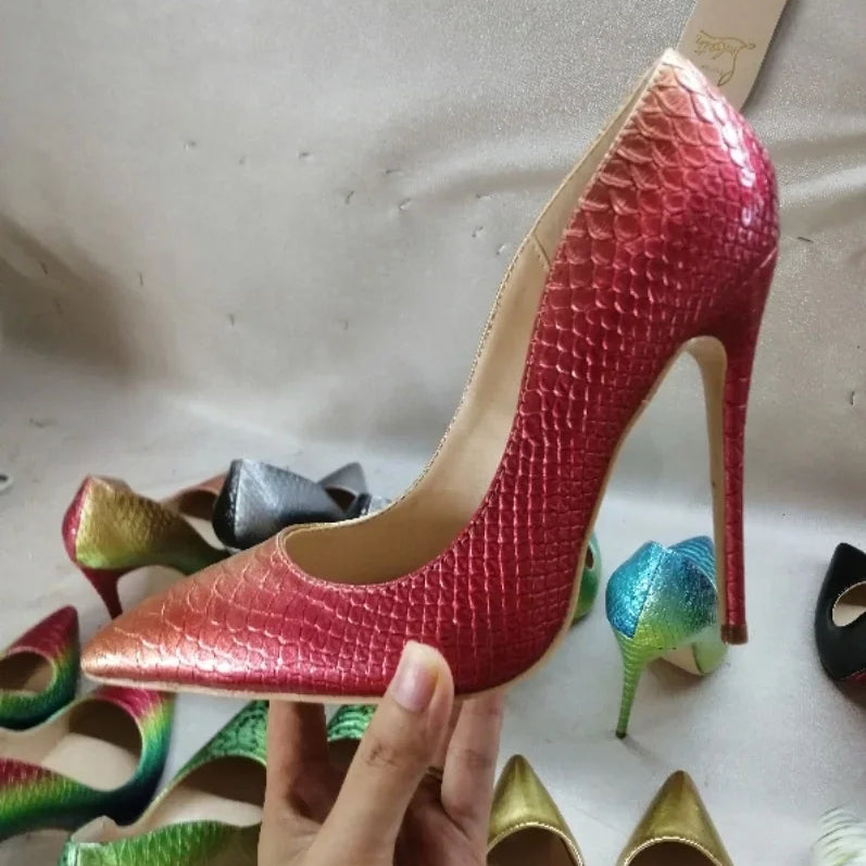 White Snake Pattern Pumps Shallow Pointed Toe High Heels Pull On Luxury Shoes Solid Scales Metallic Sandalias De Mujer 12CM