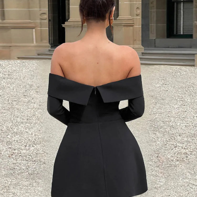 Off-shoulder Long Sleeve Sexy Mini Dress For Women Two Pocket Strapless Backless A-line Club Party Sexy Dress Elegant