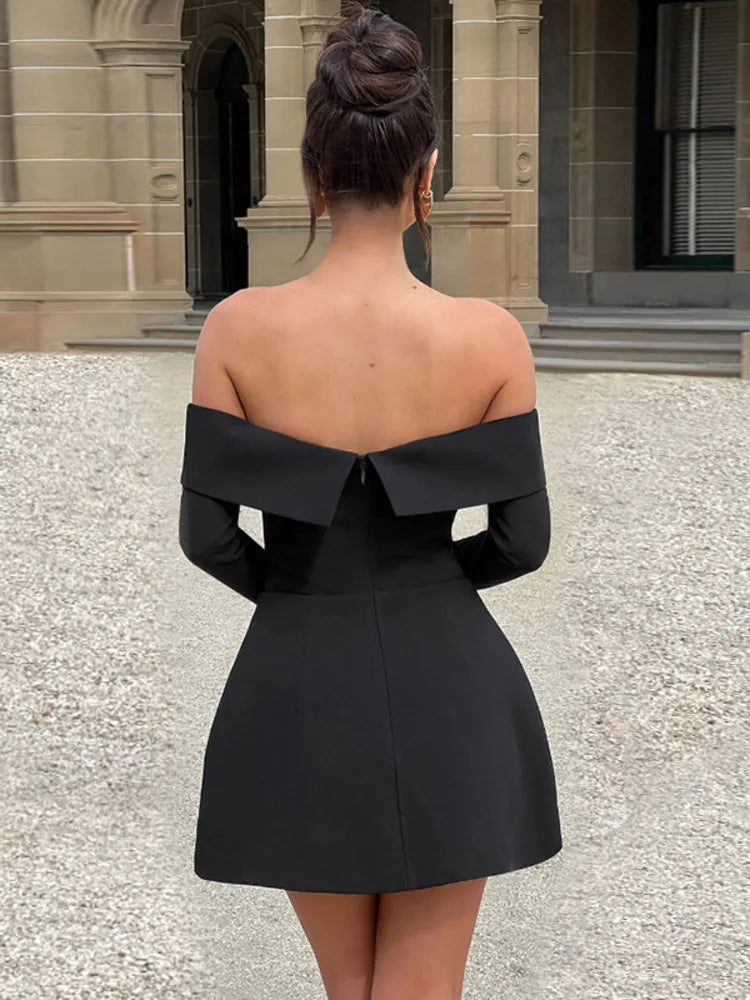 Off-shoulder Long Sleeve Sexy Mini Dress For Women Two Pocket Strapless Backless A-line Club Party Sexy Dress Elegant