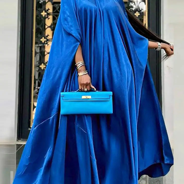 5XL Plus Size Women Dress Stand Collar Elegant Satin Dress Long Bat Sleeve Evening Pleated Maxi Sundress Casual Robe Blue