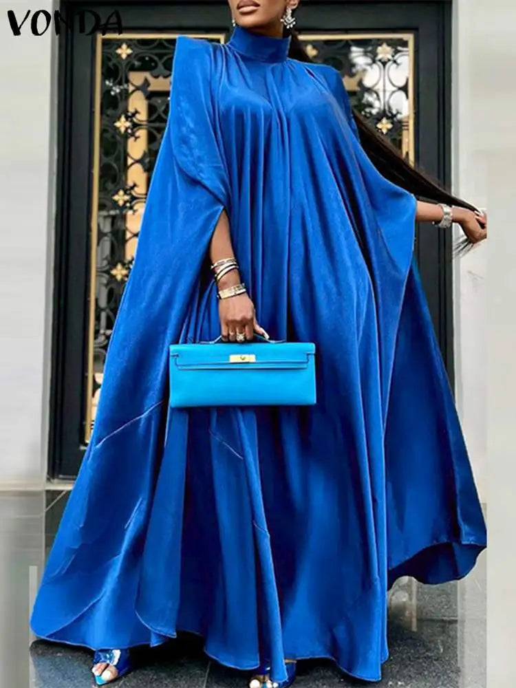 5XL Plus Size Women Dress Stand Collar Elegant Satin Dress Long Bat Sleeve Evening Pleated Maxi Sundress Casual Robe Blue