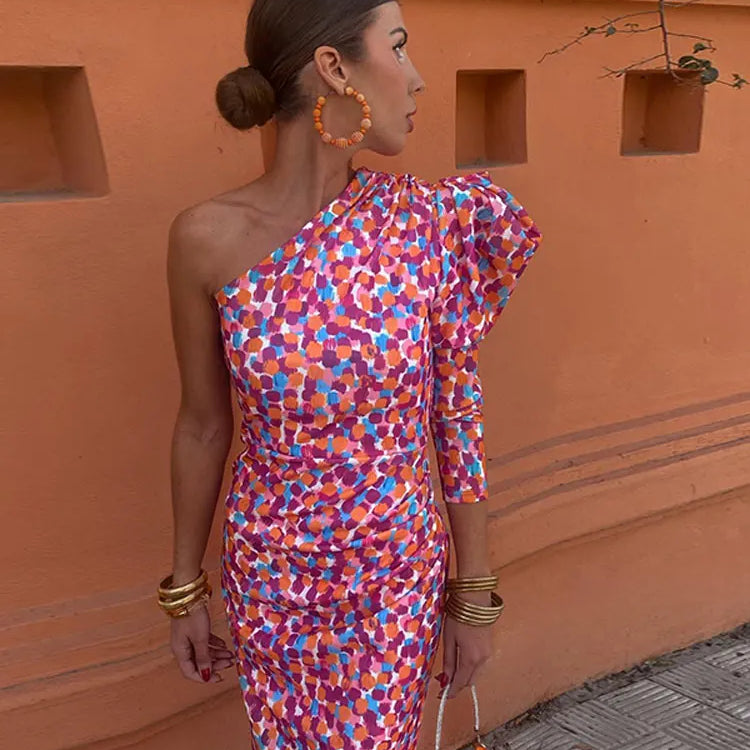 Women's Diagonal Shoulder Printed Maxi Dresses Fashion Asymmetric Long Puff Sleeve Dress New Lady Party Club Vestidos Red