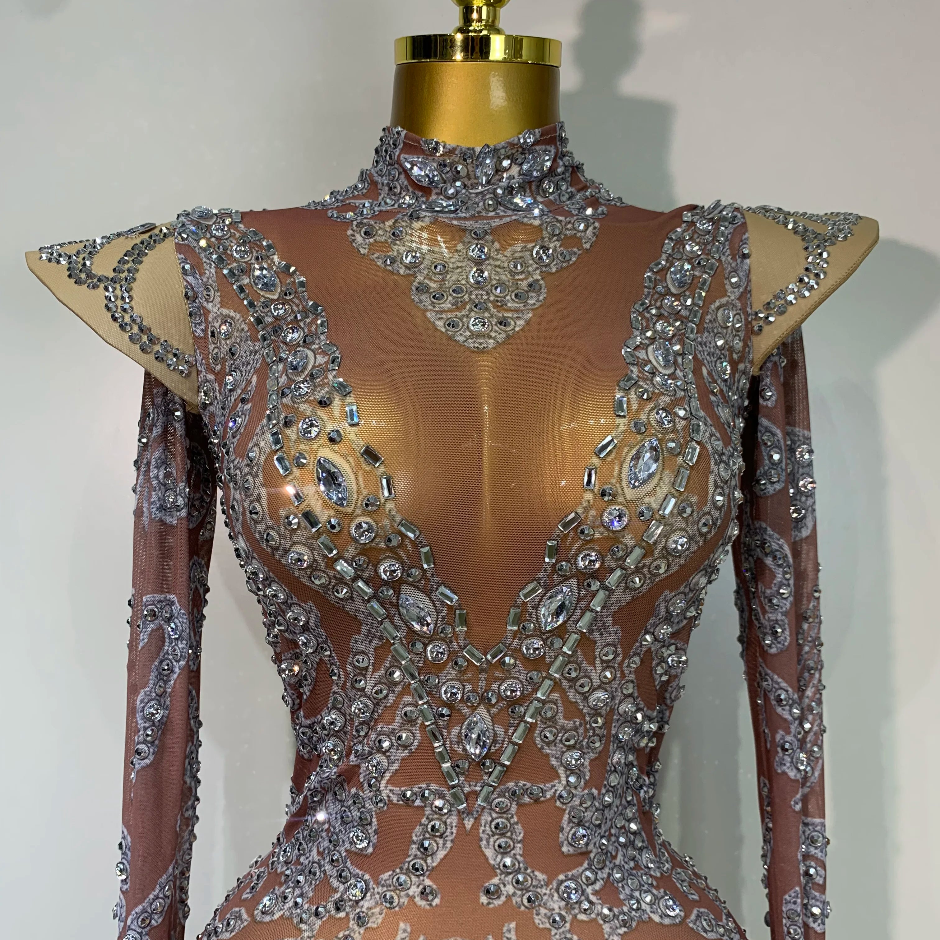 Women Shiny Rhinestones Mesh Transparent Mini Dress Luxury Birthday Celebrate Photoshoot Dress Singer Stage Drag Queen Costume