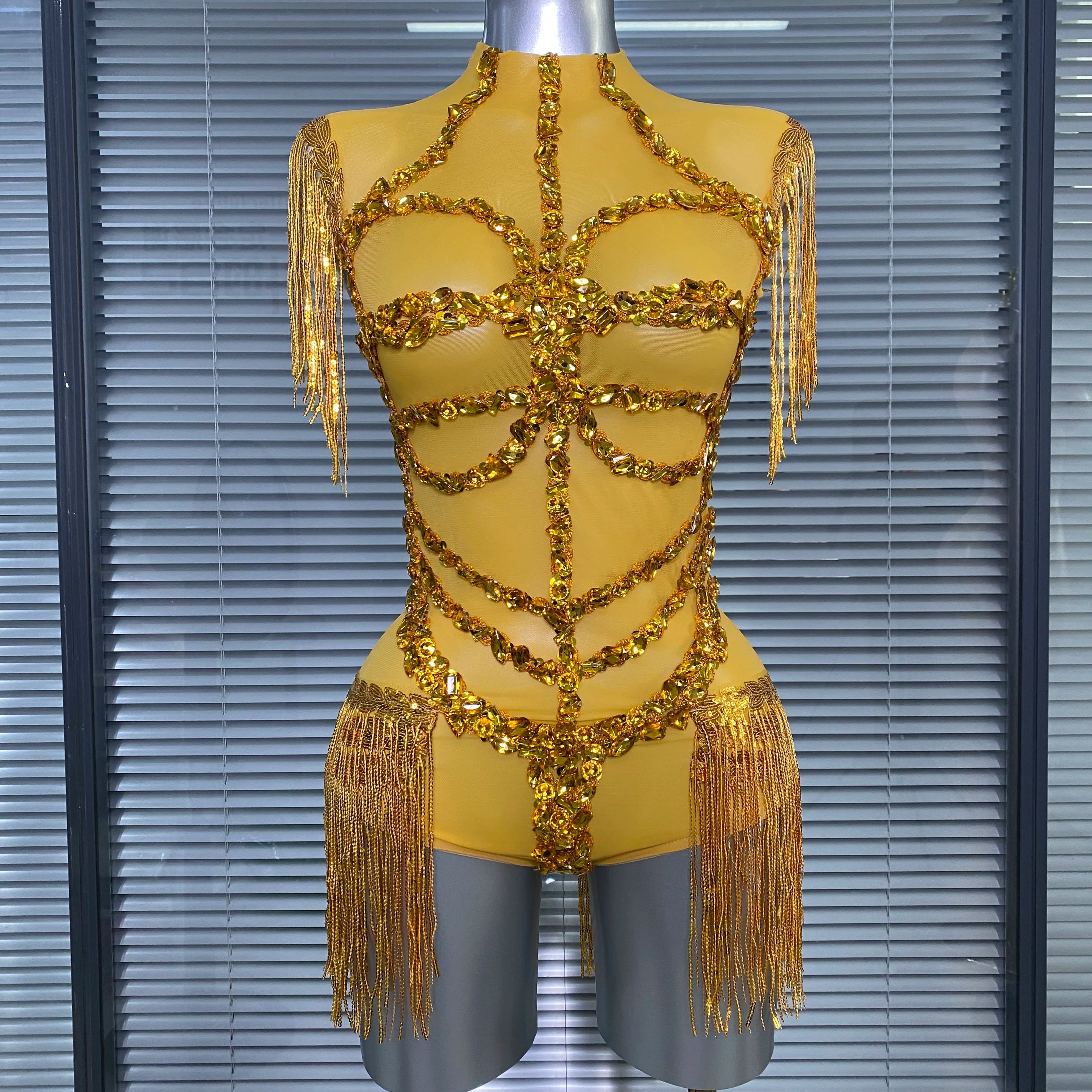 Summer New Women Sexy Black Tassel Crystal Diamonds Stretchy Night Club See Through Singer Dancer Stage Costume Party Bodysuit